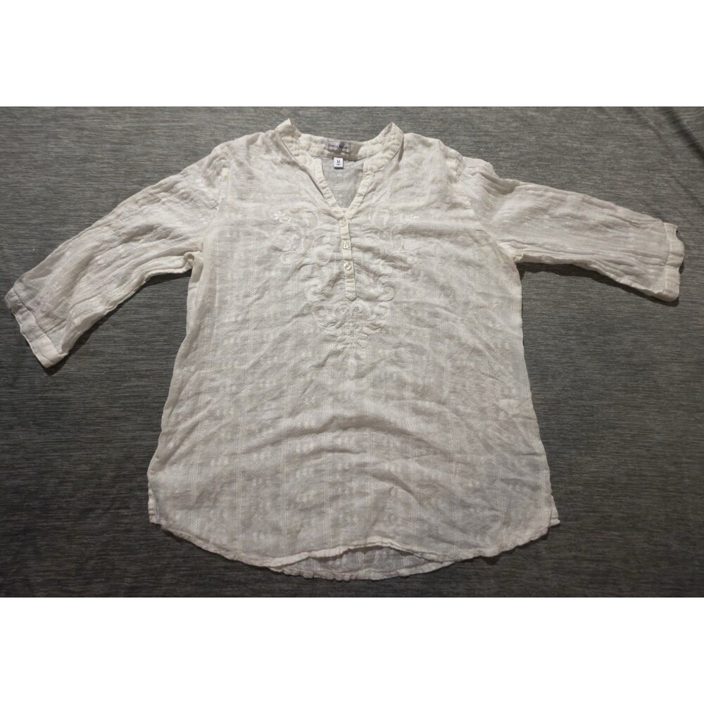Rebecca Malone White Cotton Gauze Embroidered Boho Blouse 3/4 Sleeve Medium EUC